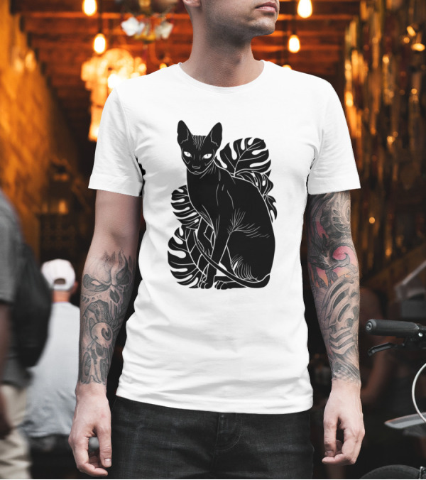Chill Black Sphynx Cat with Tropical Leaves T-Shirt Chill Black Sphynx Cat with Tropical Leaves T-Shirt