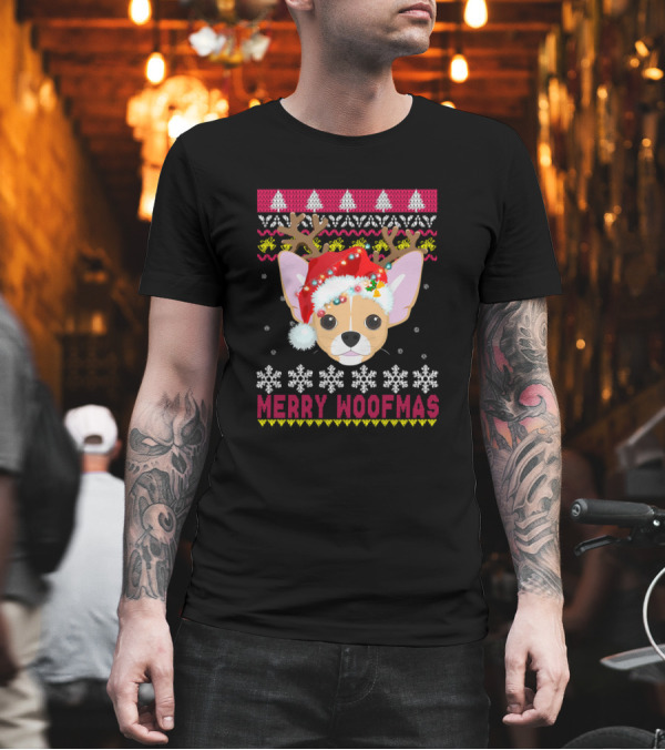 Merry Woofmas Chihuahua in Santa Hat with Reindeer Antlers and Snowflakes T-Shirt Merry Woofmas Chihuahua in Santa Hat with Reindeer Antlers and Snowflakes T-Shirt