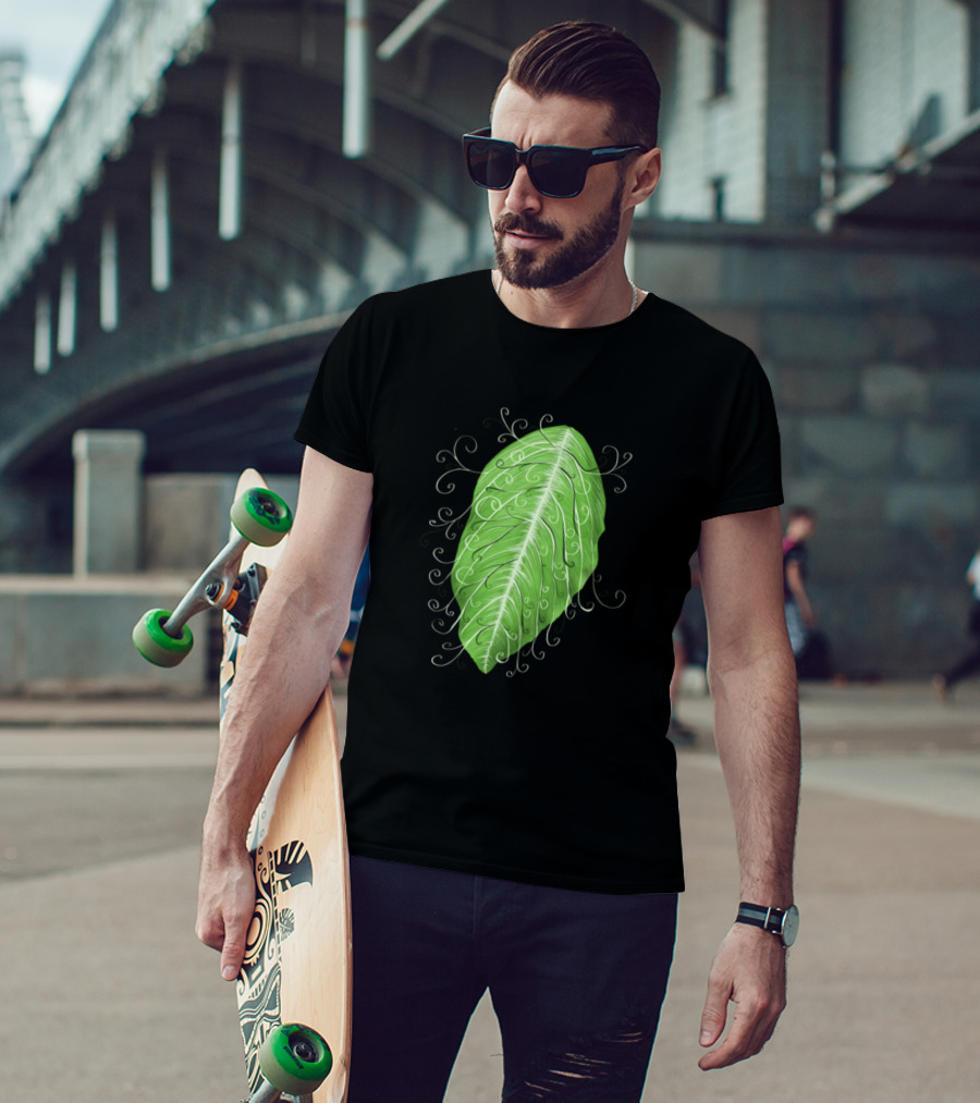 Pretty Botanical Swirly Green Leaf Flourish T-Shirt