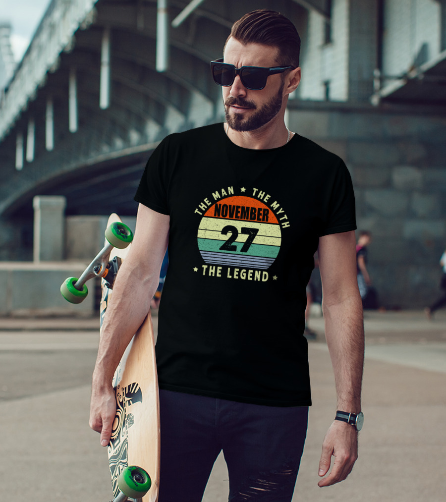The Man The Myth November 27 The Legend Vintage Retro Stripes T-Shirt