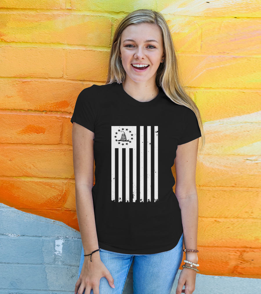 Betsy Ross Gadsden Flag Vertical Distressed White Stripes T-Shirt