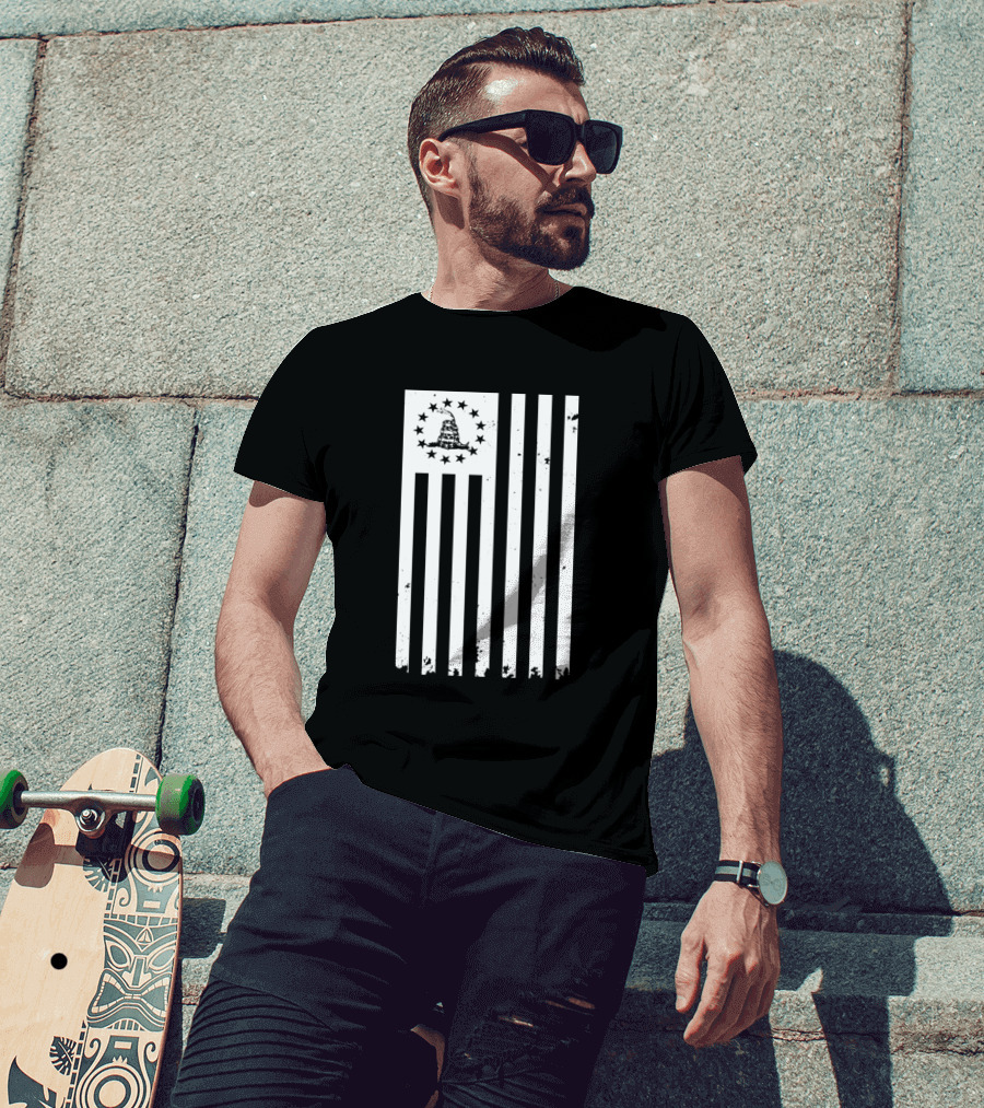 Betsy Ross Gadsden Flag Vertical Distressed White Stripes T-Shirt