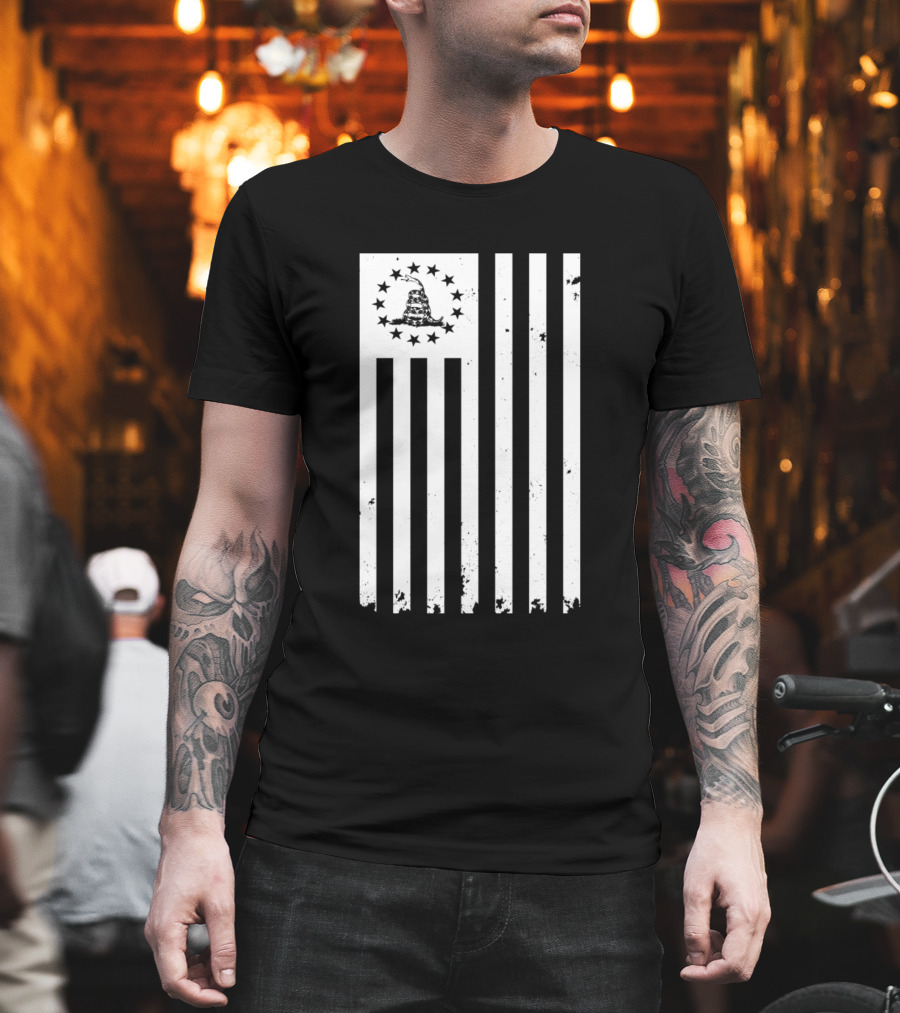 Betsy Ross Gadsden Flag Vertical Distressed White Stripes T-Shirt