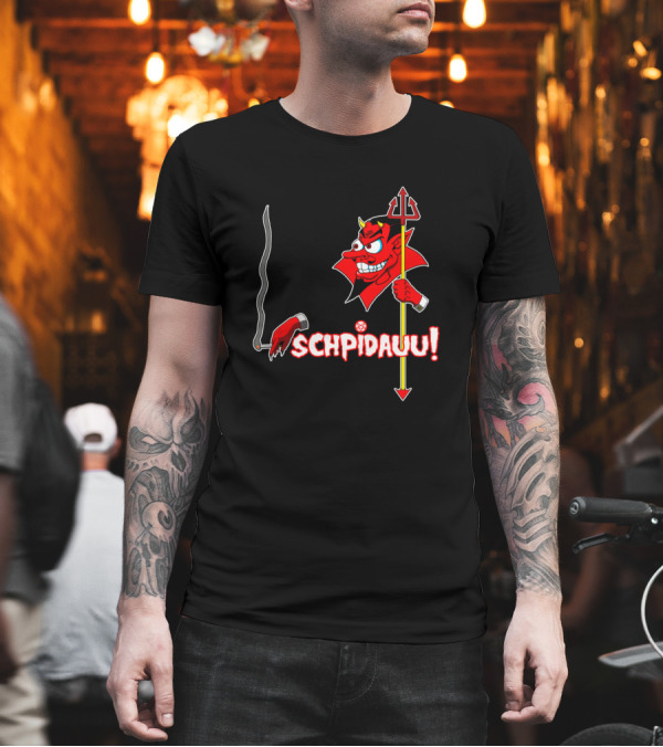 SCHPIDAUU Cartoon Devil Smoking with Pitchfork T-Shirt SCHPIDAUU Cartoon Devil Smoking with Pitchfork T-Shirt