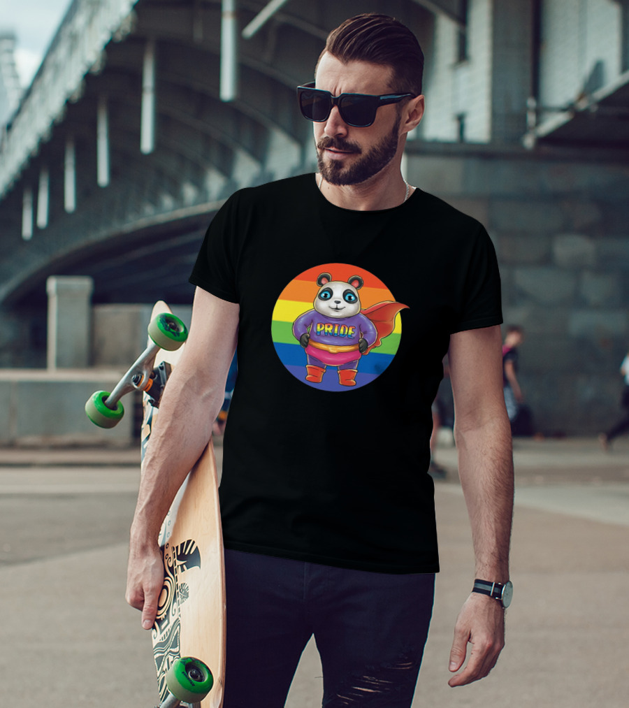 Pride Month Panda With Rainbow Flag Superhero Cape T-Shirt