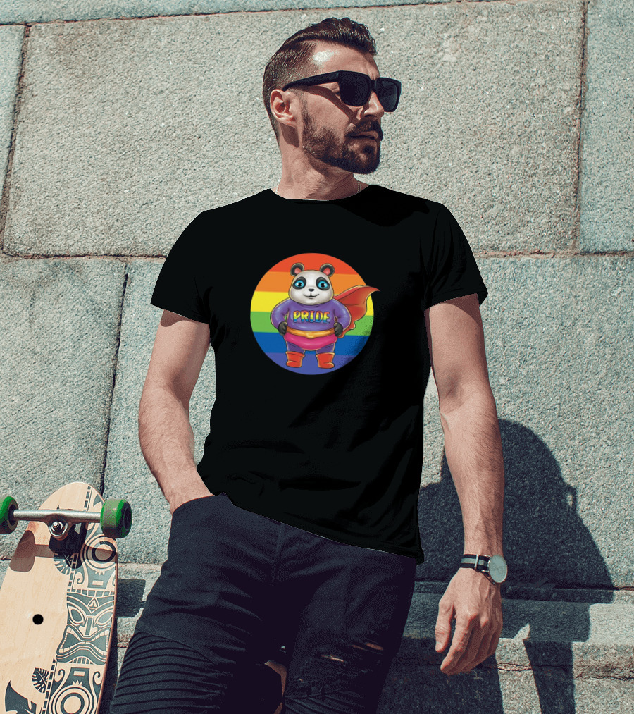 Pride Month Panda With Rainbow Flag Superhero Cape T-Shirt