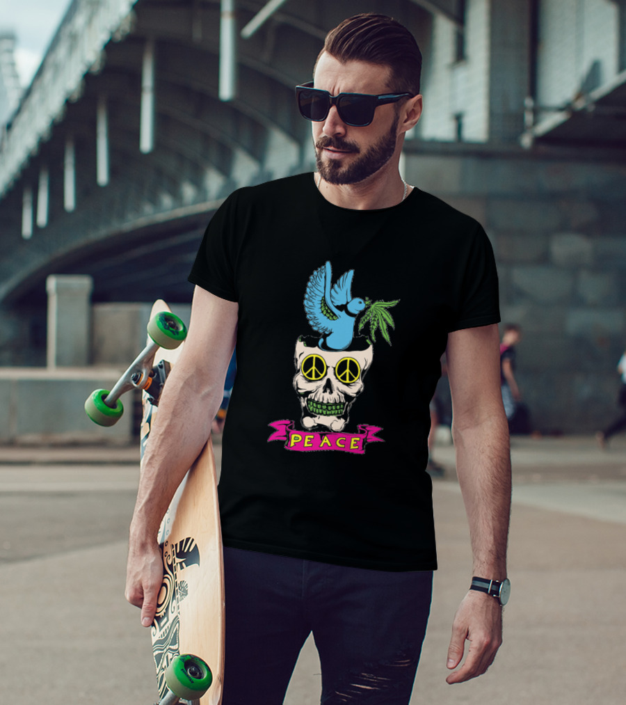 Peace Skull Doves And Leaves Awesome Cool Lover T-Shirt