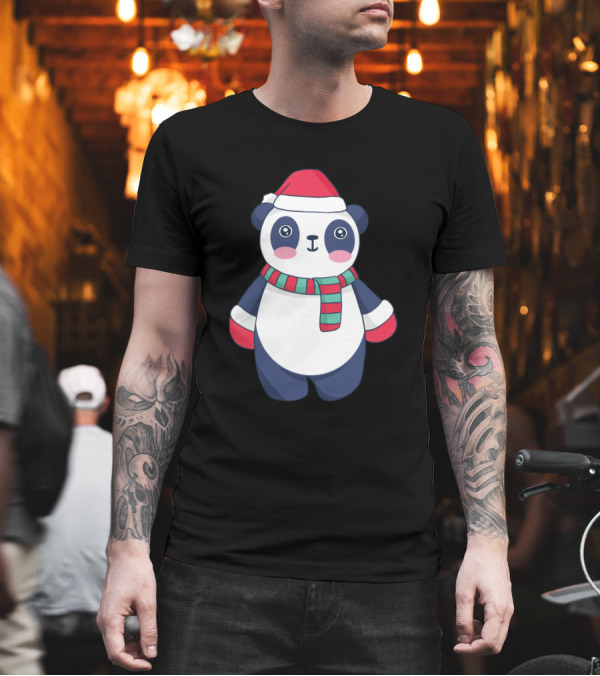 Kawaii Christmas Panda with Santa Hat and Striped Scarf T-Shirt Kawaii Christmas Panda with Santa Hat and Striped Scarf T-Shirt