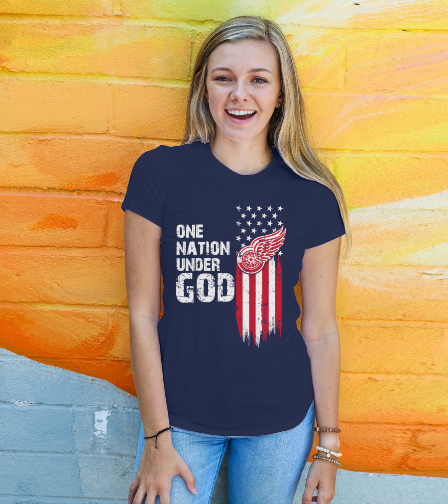 One Nation Under God Detroit Redwings American Flag Stars And Stripes T-Shirt
