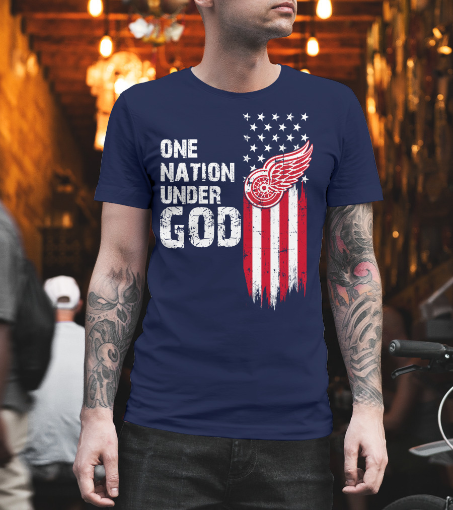 One Nation Under God Detroit Redwings American Flag Stars And Stripes T-Shirt