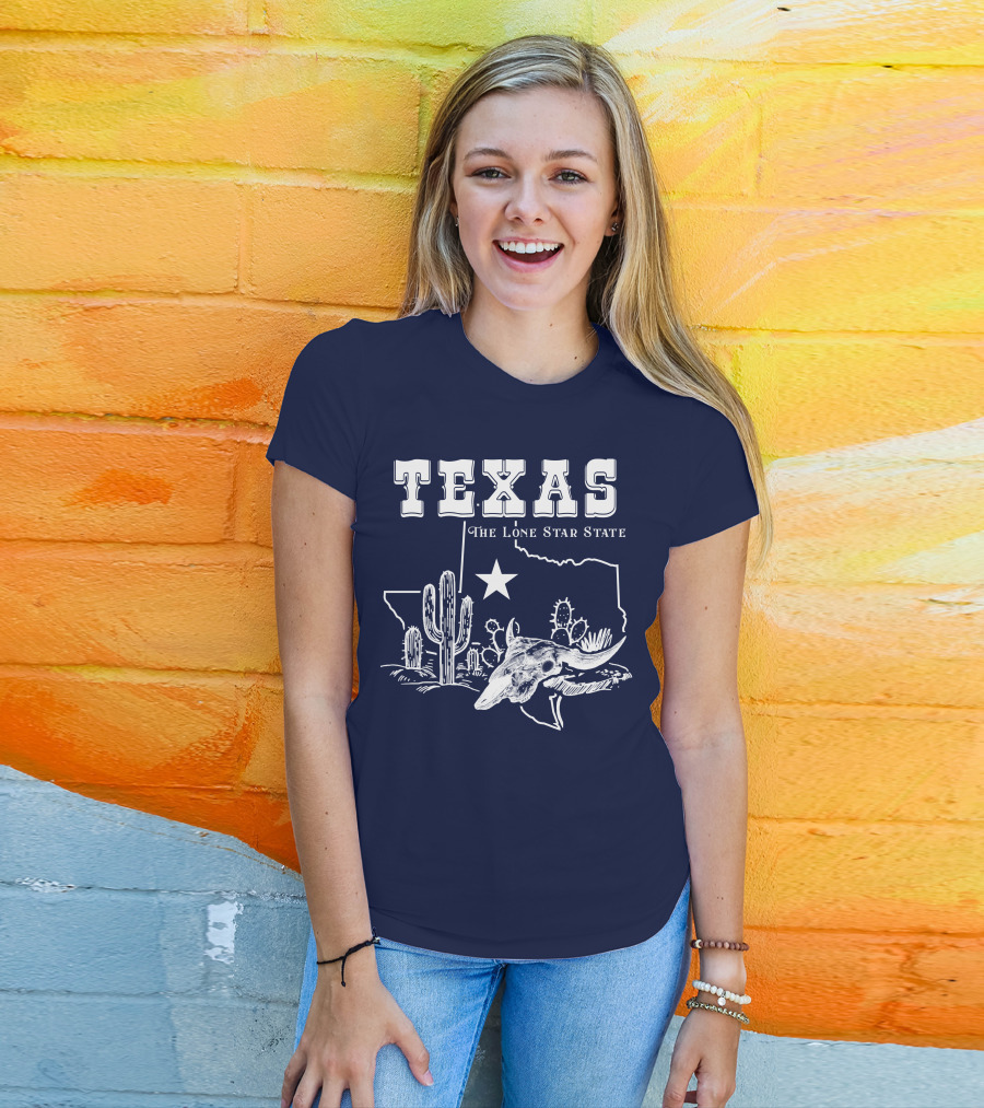 Texas The Lone Star State Map Outline With Cactus And Bull Skull T-Shirt