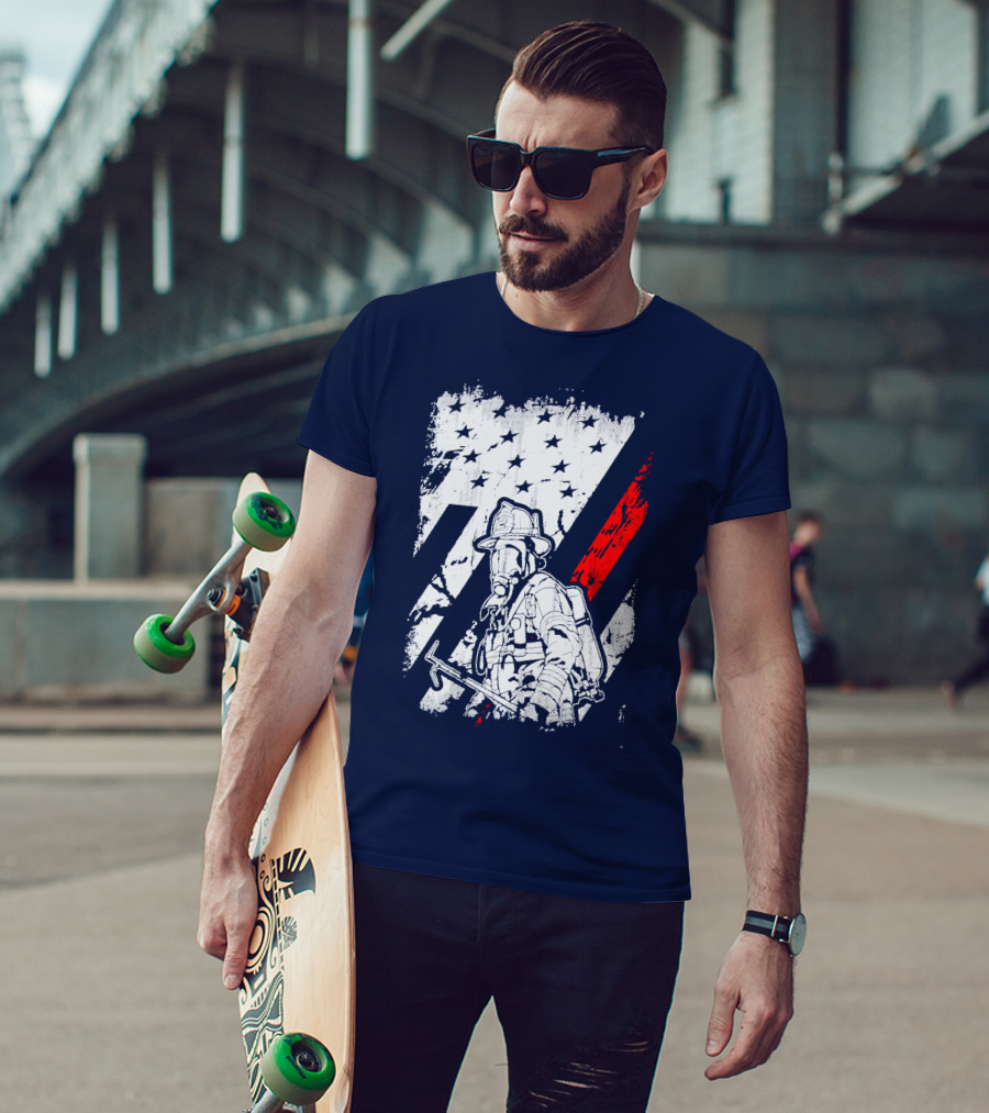 The Firefighters American Flag Tribute Heroic Firefighter With Axe And Stars And Stripes T-Shirt