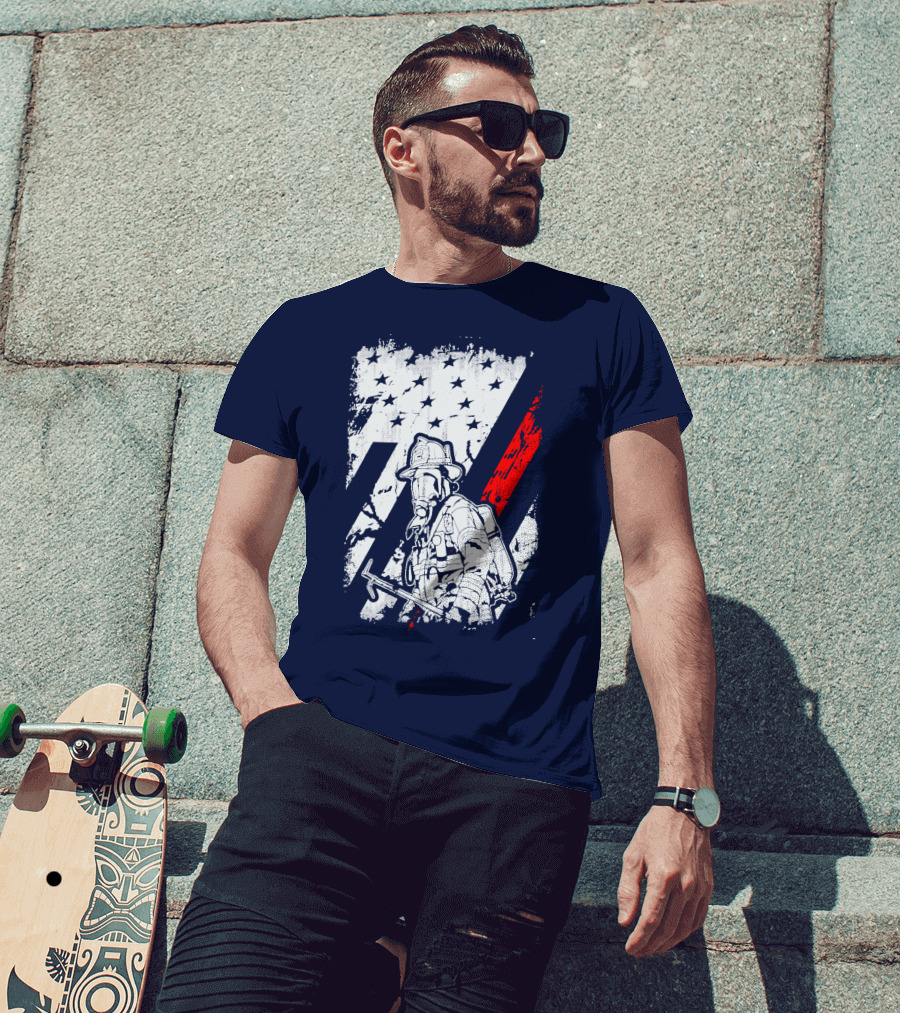 The Firefighters American Flag Tribute Heroic Firefighter With Axe And Stars And Stripes T-Shirt