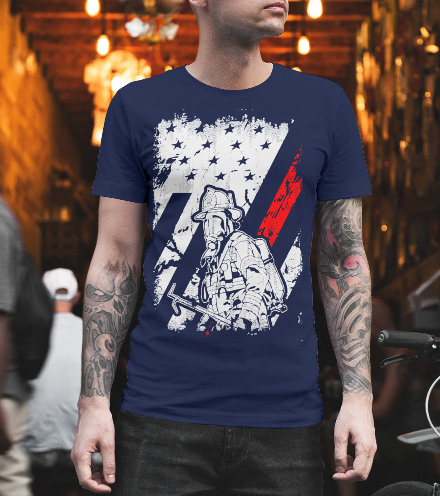 The Firefighters American Flag Tribute Heroic Firefighter With Axe And Stars And Stripes T-Shirt
