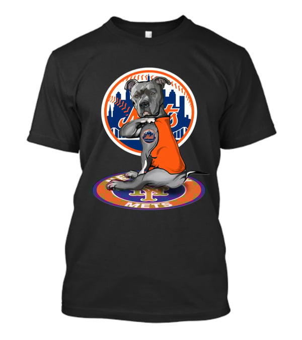 New York Mets Dog In Orange Shirt With Team Logo And Skyline T-Shirt