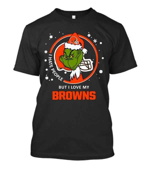 I Hate People But I Love My Browns Cleveland Browns Grinch Santa Hat Snowflakes T-Shirt