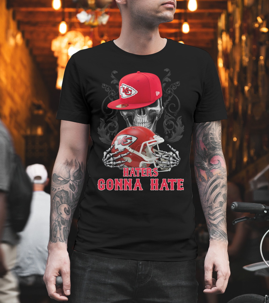Kansas City Chiefs Haters Gonna Hate Skull With Cap And Helmet T-Shirt