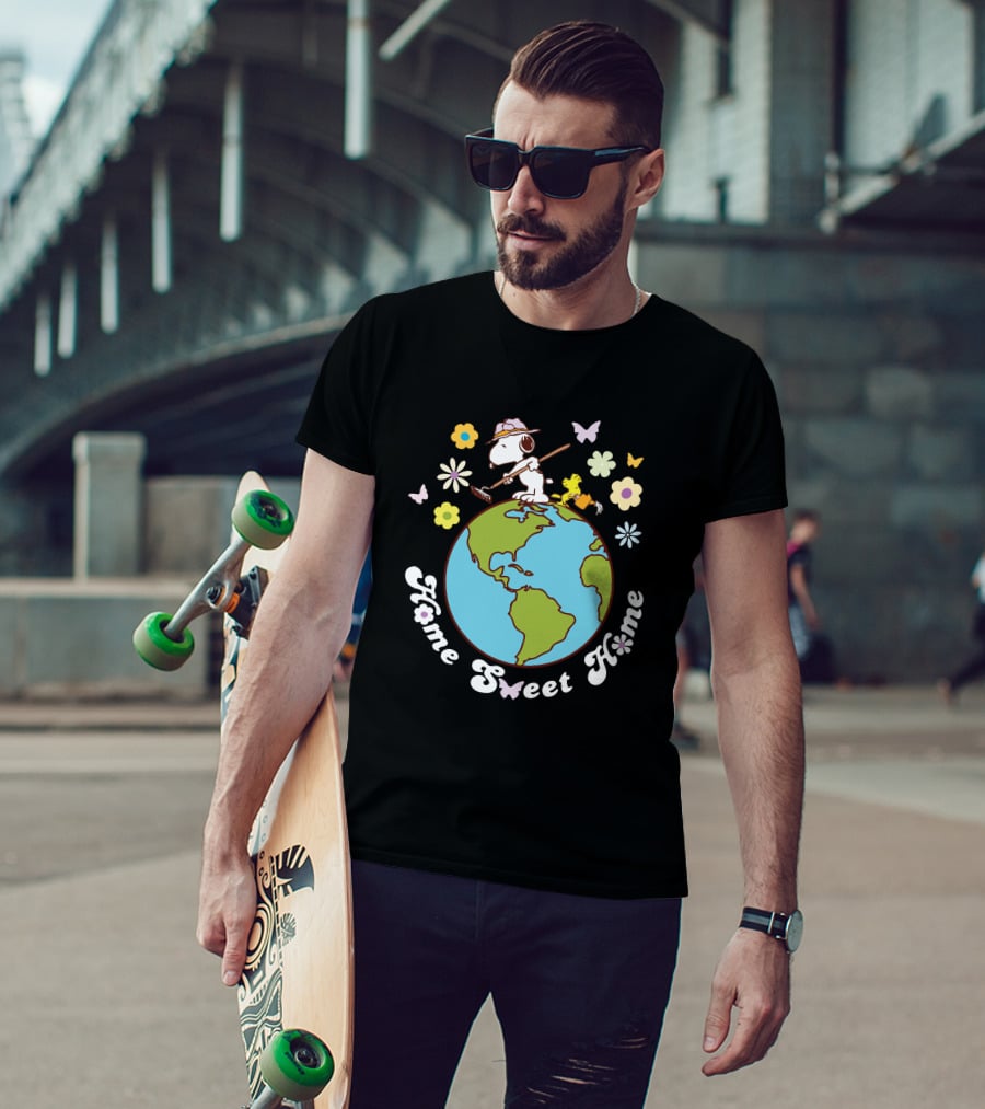 Home Sweet Home Snoopy And Woodstock Gardening On Earth With Butterflies And Flowers T-Shirt