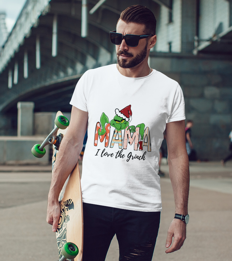 Mama I Love The Grinch Santa Hat Christmas Letters T-Shirt