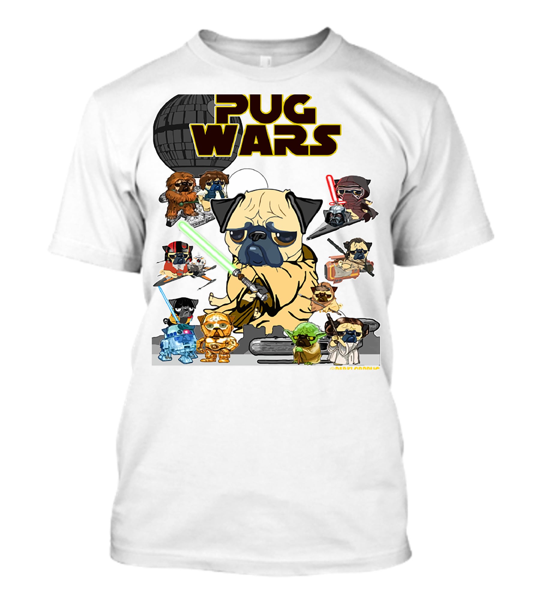 Pug Wars Star Parody With Iconic Characters And Spaceships T-Shirt