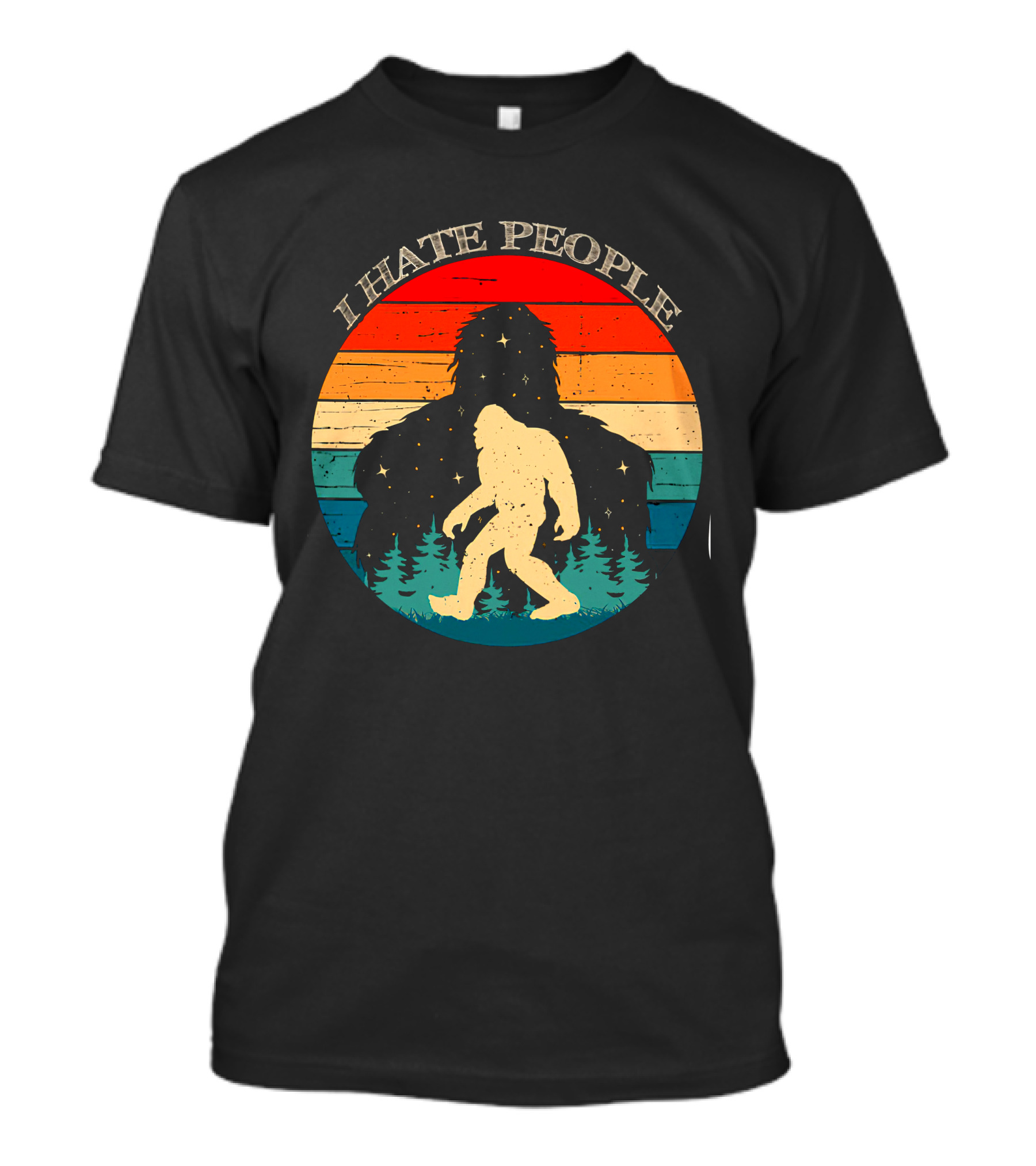 I Hate People Bigfoot Retro Sunset Forest Scene T-Shirt