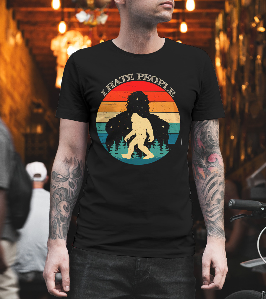 I Hate People Bigfoot Retro Sunset Forest Scene T-Shirt