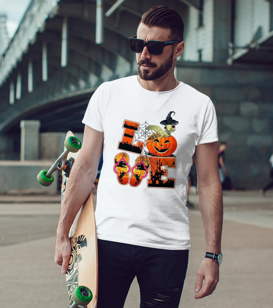 Halloween Love Turtle Pumpkin Spider Web Flip Flops T-Shirt
