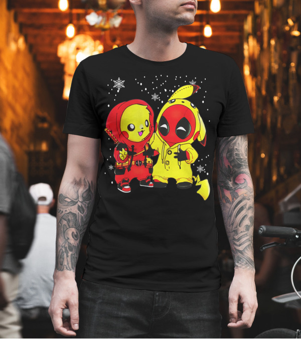 Pikachu Deadpool Crossover with Snowflakes and Kawaii Style Elements T-Shirt Pikachu Deadpool Crossover with Snowflakes and Kawaii Style Elements T-Shirt