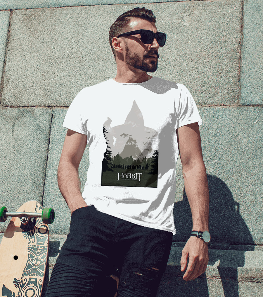 The Hobbit An Unexpected Journey Silhouette Scene With Gandalf Hat And Forest Background T-Shirt