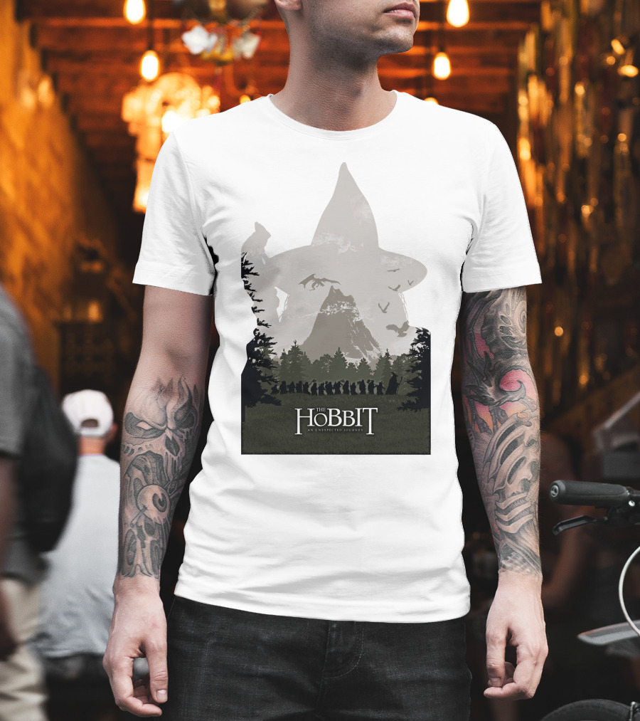 The Hobbit An Unexpected Journey Silhouette Scene With Gandalf Hat And Forest Background T-Shirt