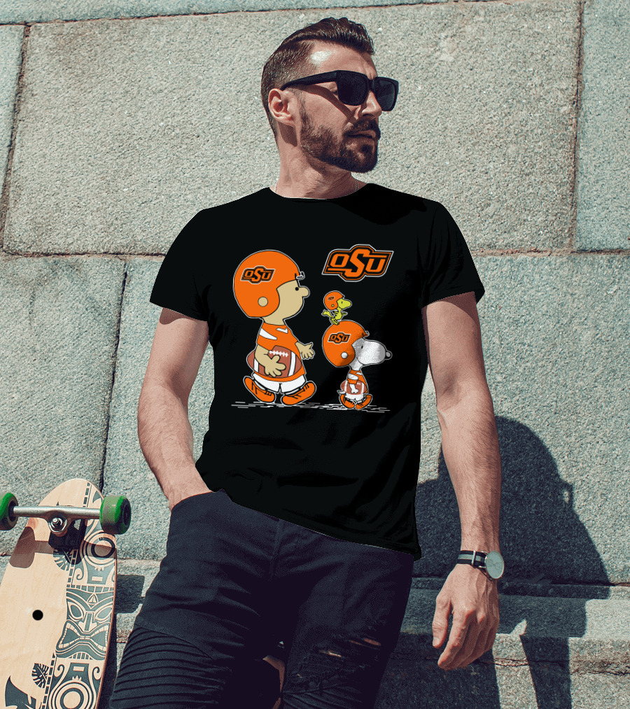 Osu Oklahoma State Cowboys Peanuts Football Collaboration With Snoopy And Woodstock T-Shirt