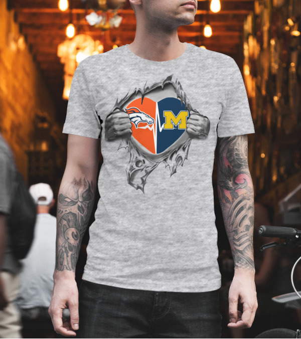 Michigan Wolverines Denver Broncos Heart T-Shirt Michigan Wolverines Denver Broncos Heart T-Shirt