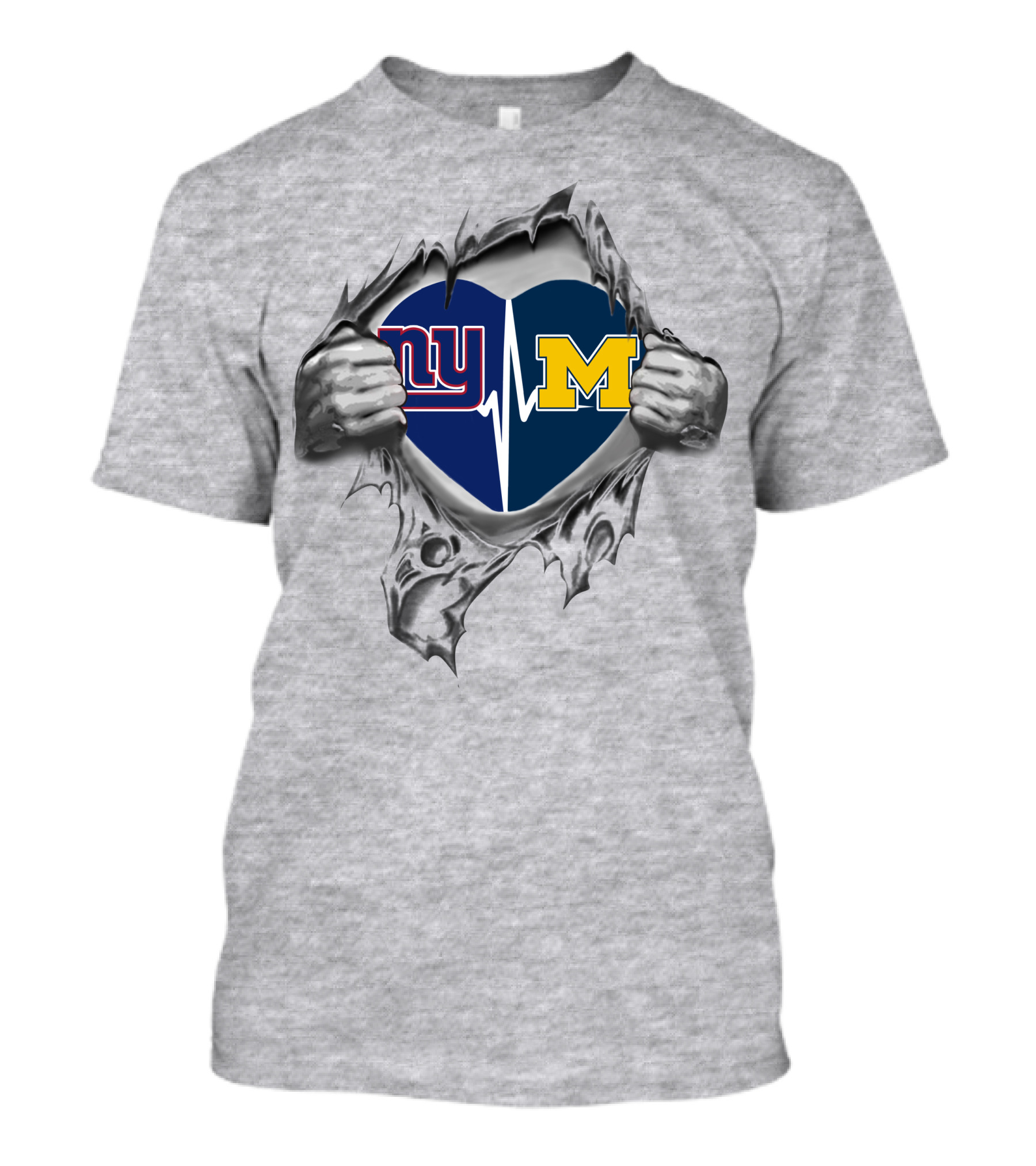 Michigan Wolverines New York Giants Heartbeat Fusion Icon With Logos In Heart-Shaped T-Shirt