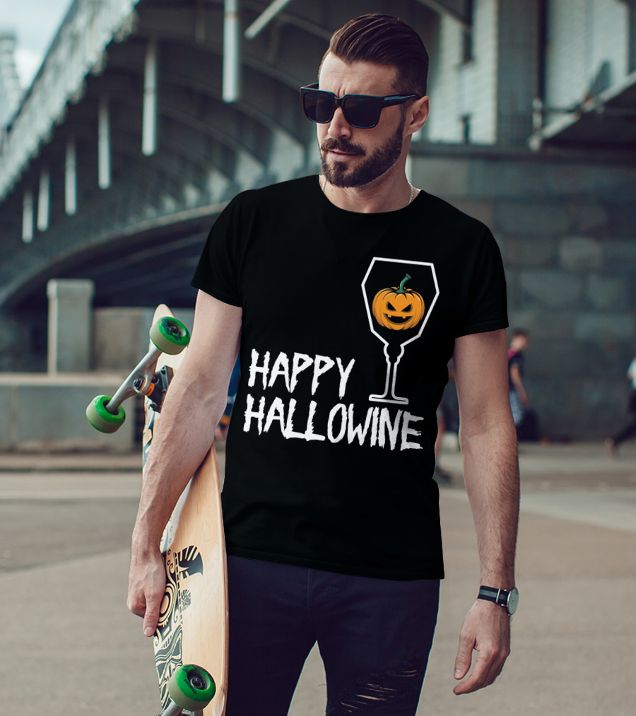 Happy Hallowine Jack-o'-Lantern Wine Glass Halloween Drinking Lover T-Shirt