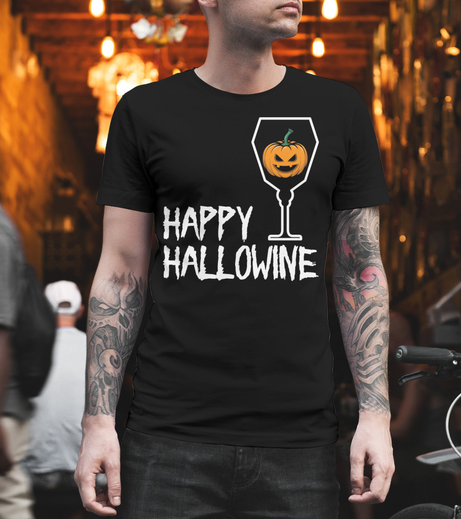 Happy Hallowine Jack-o'-Lantern Wine Glass Halloween Drinking Lover T-Shirt