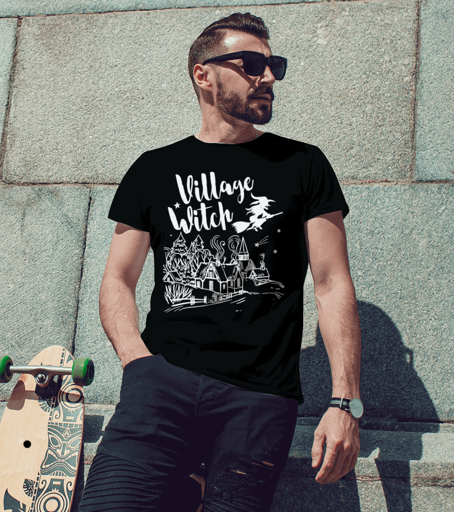 Village Witch Flying Over Enchanted Village Scene T-Shirt