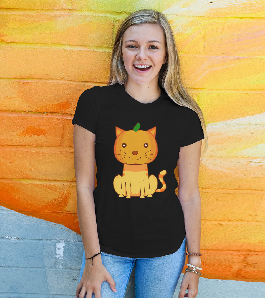 Halloween Pumpkin Cat Face And Striped Tail Whiskers T-Shirt