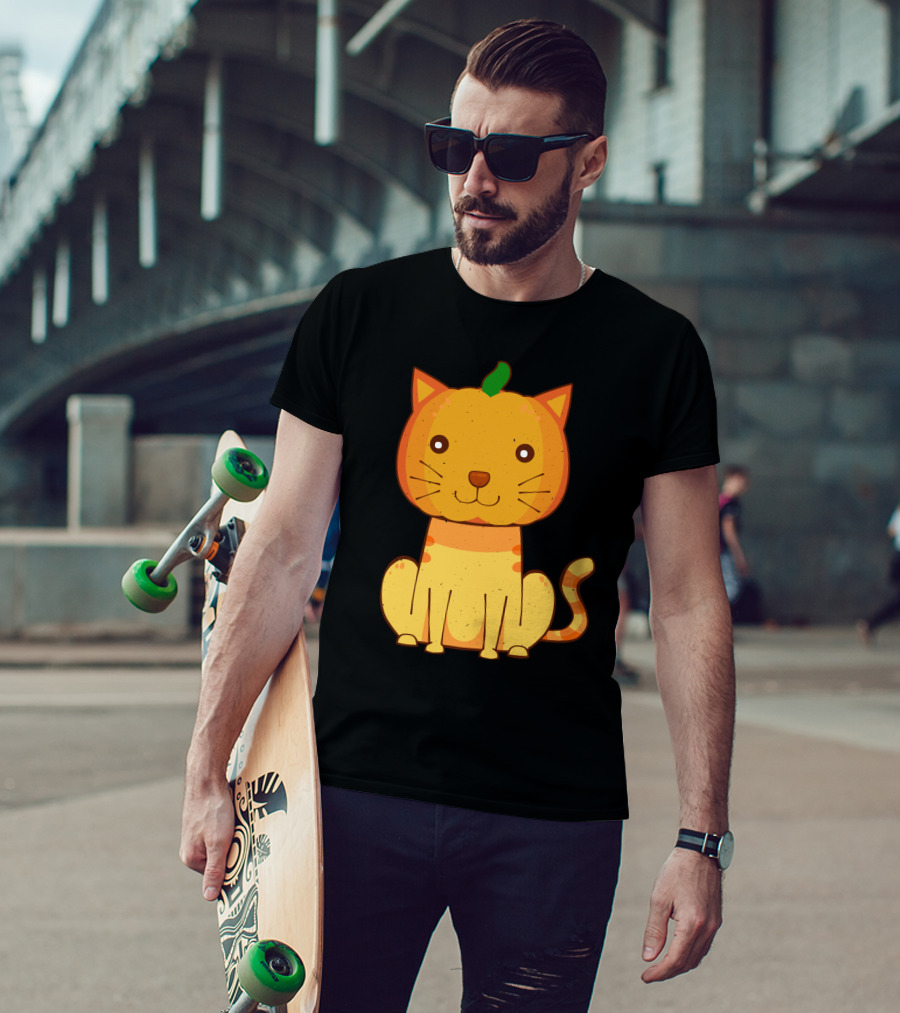 Halloween Pumpkin Cat Face And Striped Tail Whiskers T-Shirt