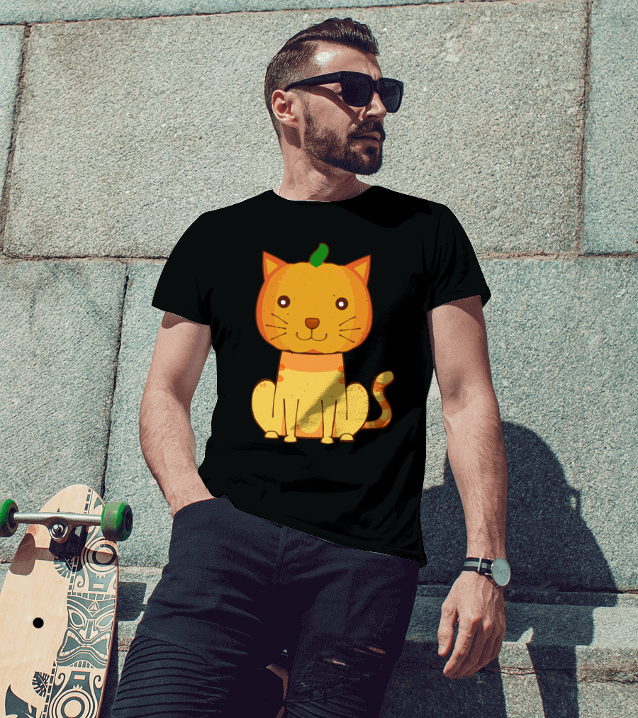 Halloween Pumpkin Cat Face And Striped Tail Whiskers T-Shirt