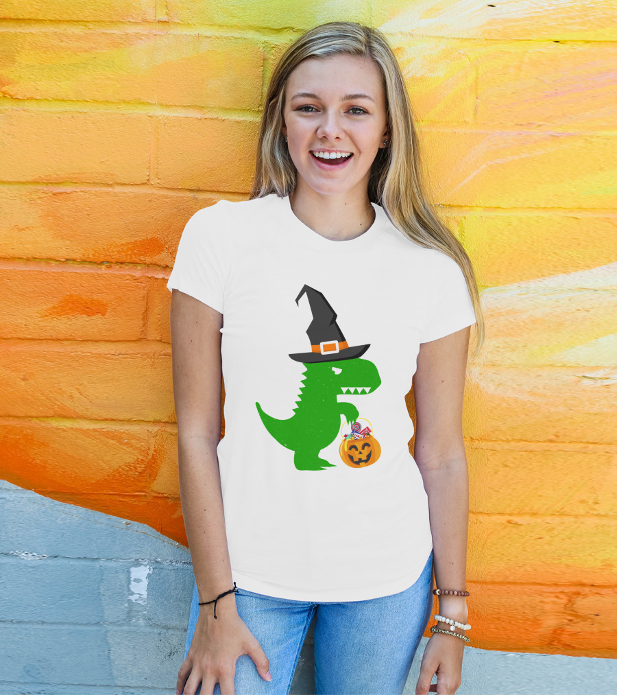 Witch Hat Dinosaur With Pumpkin Candy Bucket Halloween T-Shirt