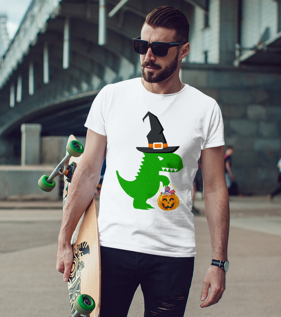 Witch Hat Dinosaur With Pumpkin Candy Bucket Halloween T-Shirt