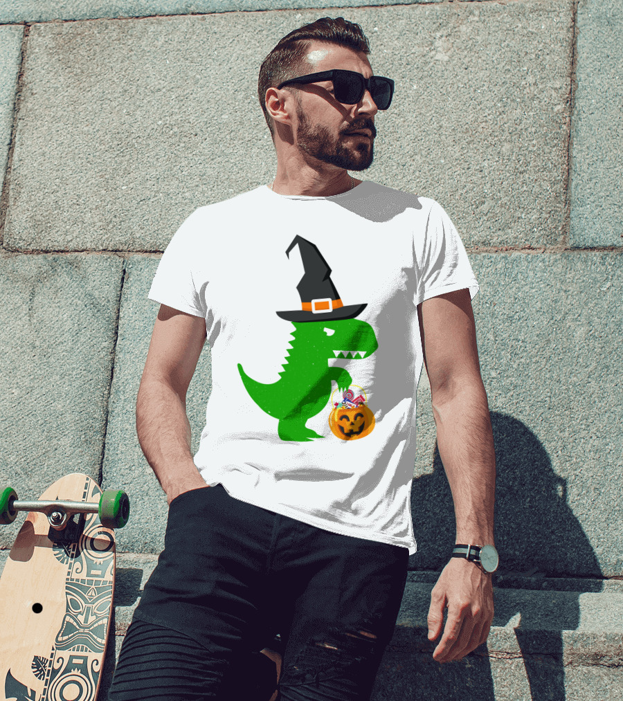 Witch Hat Dinosaur With Pumpkin Candy Bucket Halloween T-Shirt