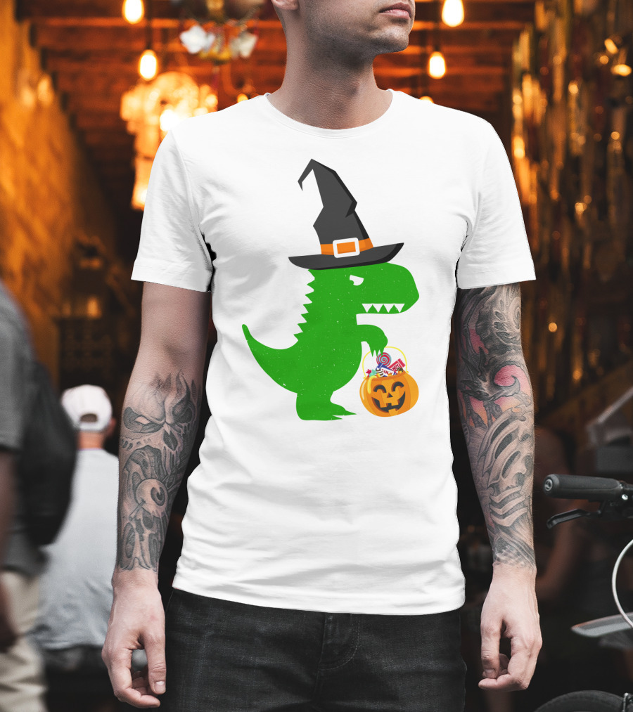Witch Hat Dinosaur with Pumpkin Candy Bucket Halloween T-Shirt