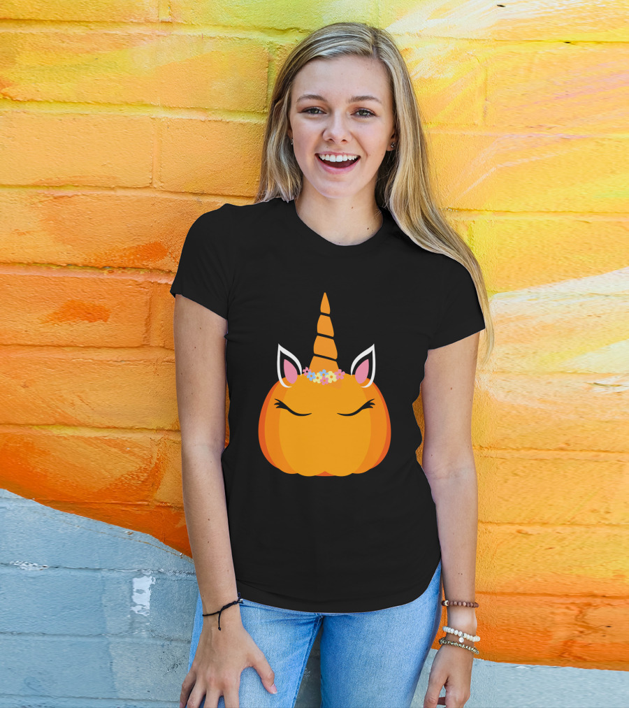 Unicorn Pumpkin With Floral Crown And Sleepy Eyes T-Shirt