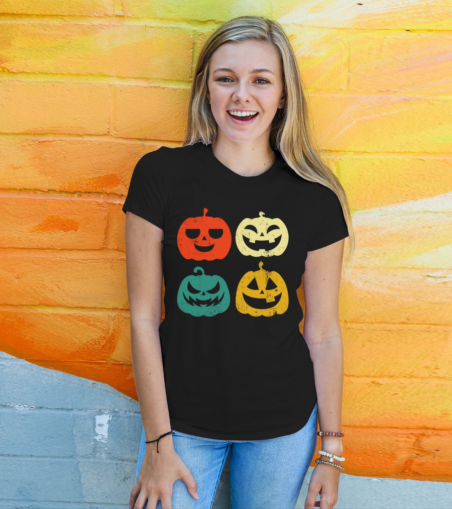Retro Vintage Pumpkin Halloween Faces Quad Color Grid T-Shirt