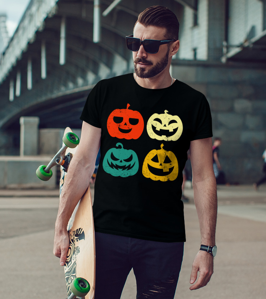 Retro Vintage Pumpkin Halloween Faces Quad Color Grid T-Shirt