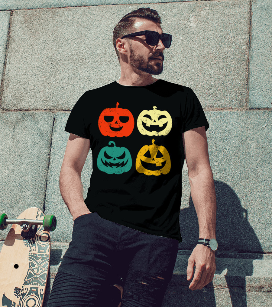 Retro Vintage Pumpkin Halloween Faces Quad Color Grid T-Shirt