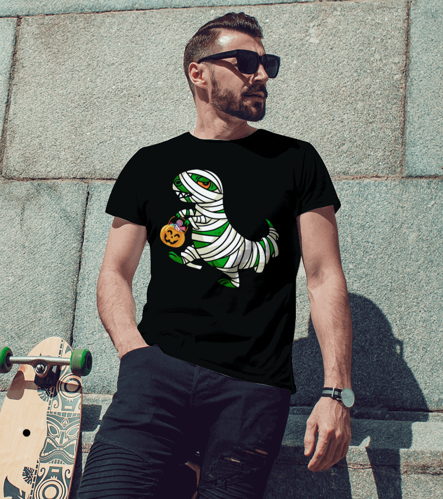Mummy Dinosaur With Halloween Pumpkin And Candy Basket T-Shirt