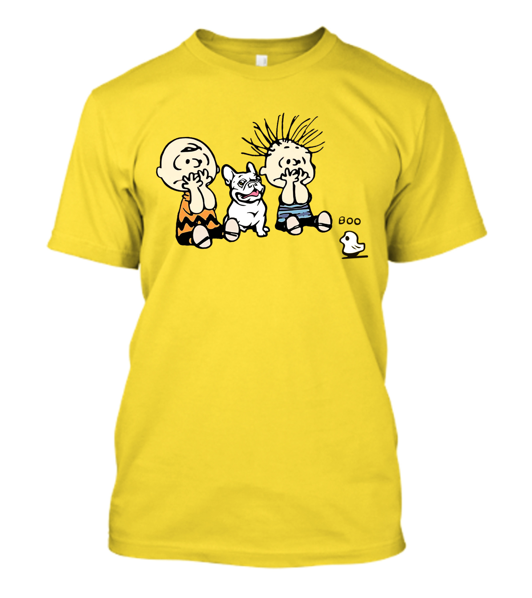 Frenchie Boo Cartoon Characters Surprise Yellow Background T-Shirt