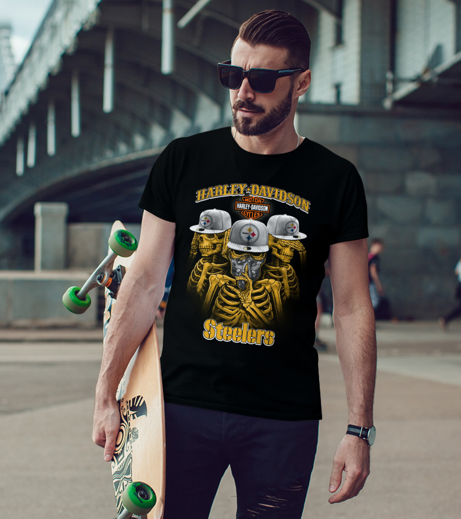 Harley Davidson Motor Cycles Steelers Skull Trio T-Shirt